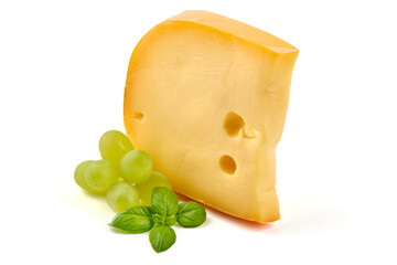 Hard Dutch gouda cheese, isolated on white background.