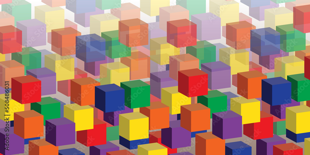 Poster lots of colorful abstract 3d solid and transparent cubes pattern, wide scale background for web, tec