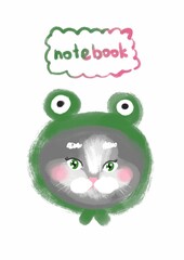 Cover for a notebook. Cute little gray kitten in a frog cap. Cute simple baby print. Hand drawn. Cartoon style. Vertical illustration isolated on white background.