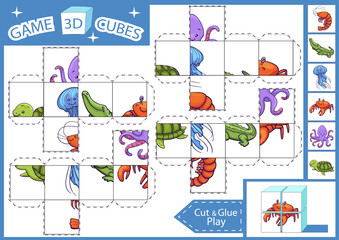 Child 3d paper craft activity page. Cut and glue the cube. Kids education puzzle game with cute cartoon sea animals.