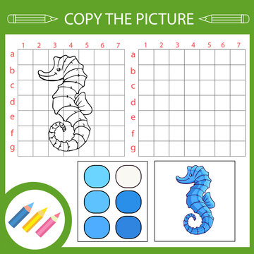 Copy drawing by grid lines the image cute seahorse. Kids activity page and worksheet. Educational game with draw.