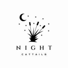 Cattail grass with night moon and star logo design vector illustration