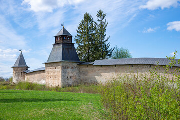 Spring day at the walls of the old Pskovo-Pechersky monastery. Russia, Pskov region
