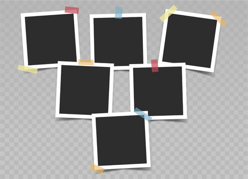 Set of black photo frames with color adhesive tape on transparent background. Vector realistic mockup. Five empty square photo cards for collages, presentation, congratulations,albums.Blank Template.