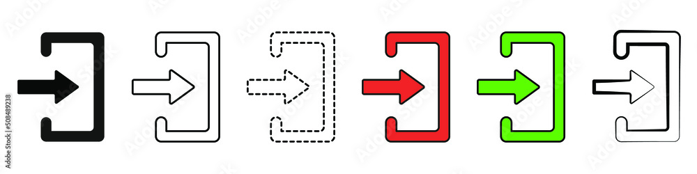 Poster emergency exit vector icons set. exit set of linear icons in different colors. attention icon. arrow