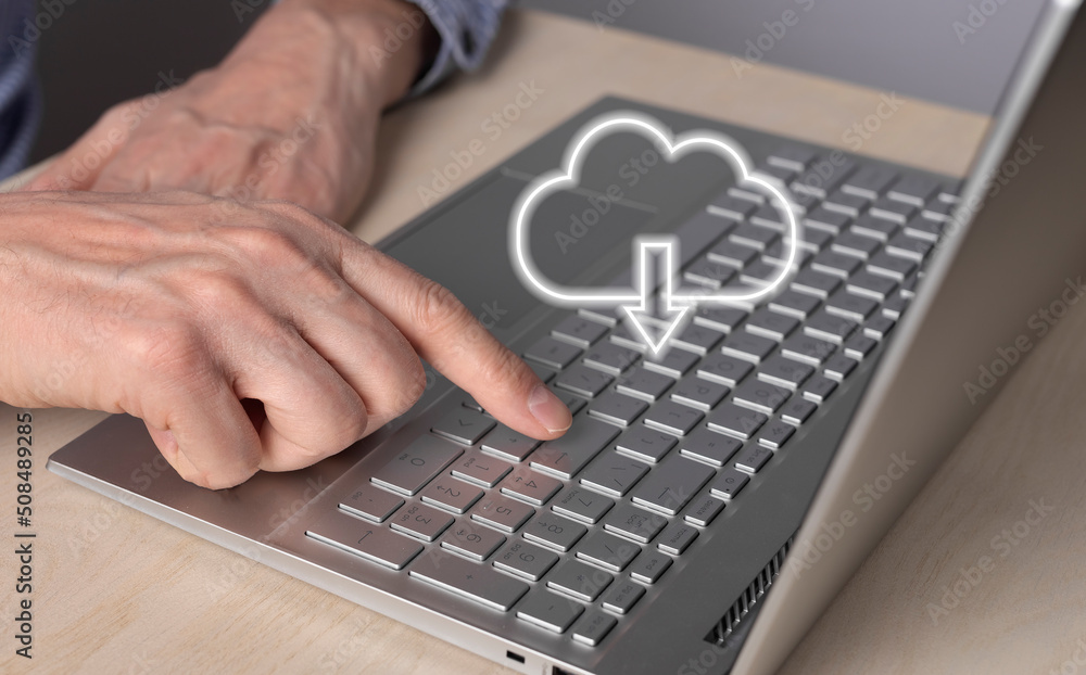 Aufkleber Cloud computing. Man using laptop for download files from remote database. Forefinger closeup pressing on enter button. Online service for storing objects. High quality photo