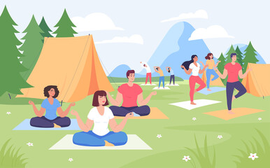 Men and women practicing yoga in camp. Outdoor yoga practice, people sitting and standing in different poses flat vector illustration. Healthy lifestyle, camping concept for banner, website design