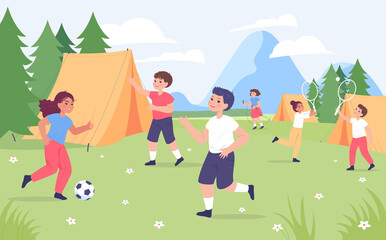 Cartoon children doing different sports in summer camp. Boys and girls playing football and tennis flat vector illustration. Healthy lifestyle, camping, sports concept for banner or landing web page