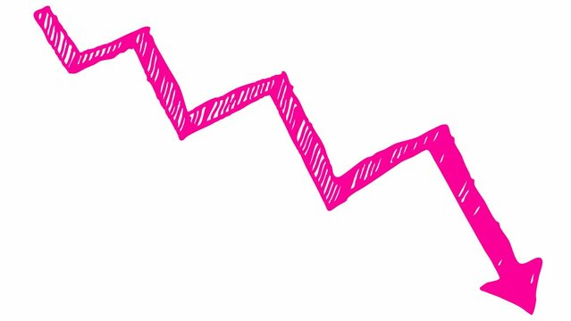 Animated pink arrow. Recession chart of economy. Economic crisis, recession, decrease graph. Profit down. Hand drawn vector illustration isolated on white background.