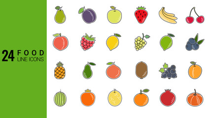 Vector set of 24 fruit line icons in colour. 