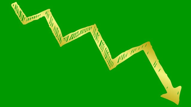 Animated gold arrow. Recession chart of economy. Economic crisis, recession, decrease graph. Profit down. Hand drawn vector illustration isolated on green background.