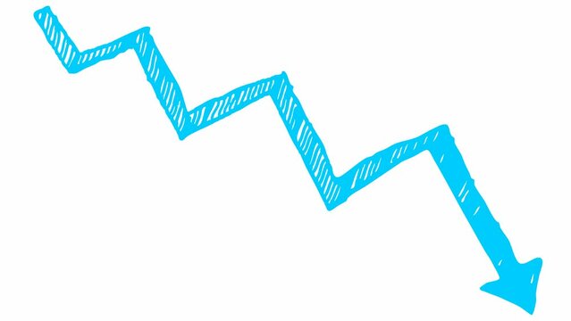 Animated blue arrow. Recession chart of economy. Economic crisis, recession, decrease graph. Profit down. Hand drawn vector illustration isolated on white background.
