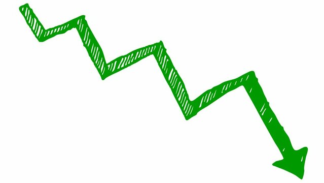 Animated green arrow. Recession chart of economy. Economic crisis, recession, decrease graph. Profit down. Hand drawn vector illustration isolated on white background.