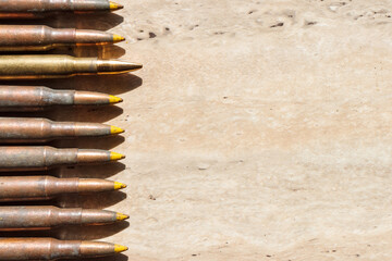 Various ammunition for machine guns and rifles from the war in Ukraine. Copy space