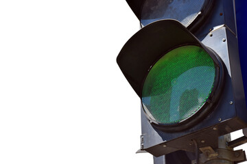 Green traffic light signal on a white clipping background on the right
