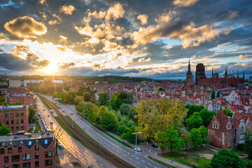 Aerial view of the beautiful Gdansk city at sunset, Poland