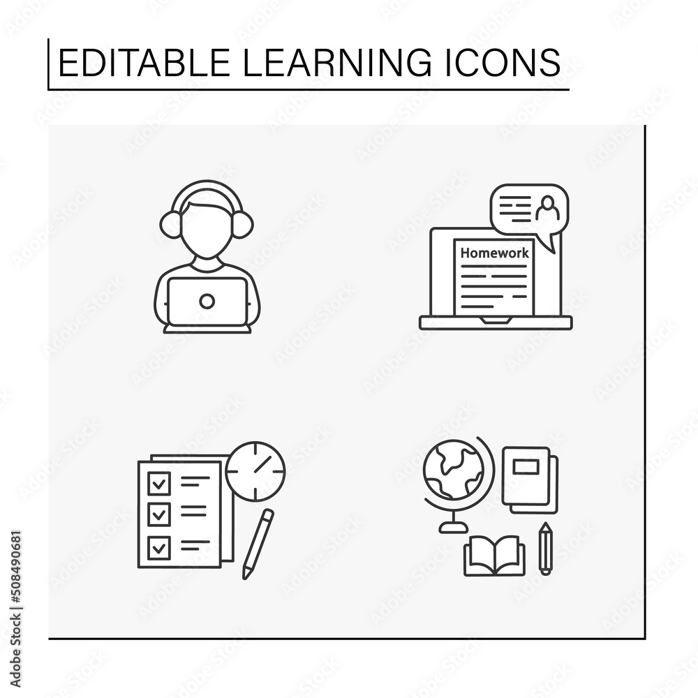 Poster learning line icons set. education process. homework, express test, listener, geography lesson.skill