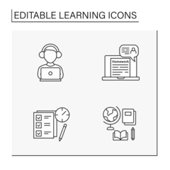  Learning line icons set. Education process. Homework, express test, listener, geography lesson.Skills and knowledge. Studying concepts. Isolated vector illustration. Editable stroke