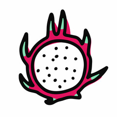 Doodle ripe dragon fruit. Pink, green pitahaya isolated on white background. Hand-drawn Pitaya fruit. Symbol of summer, healthy raw food, exotic food. Fresh cute tropical print. Vector illustration