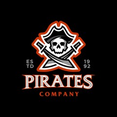 pirates esport logo. Pirate Skull with hat and Crossing Swords Sailor emblem logo design Illustration in trendy line gaming Mascot style 