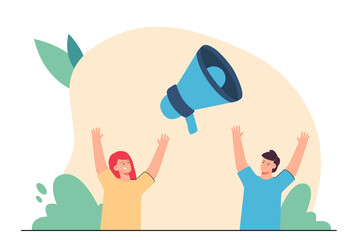 Happy cartoon children and big megaphone. Loudspeaker, cute boy and girl raising hands flat vector illustration. Marketing, promotion concept for banner, website design or landing web page