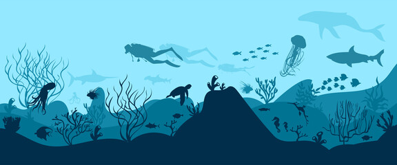 Fototapeta na wymiar silhouette of coral reef with fish and divers on blue sea background underwater vector illustration