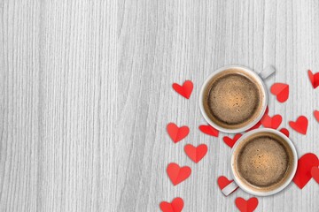 Two cups of coffee with shape. Festive card for Valentines Day