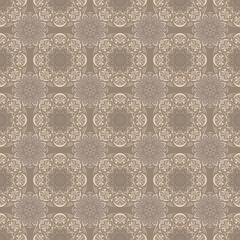 Seamless pattern, hand drawn, vector. Mandalas, beige ethnic pattern, beige background.