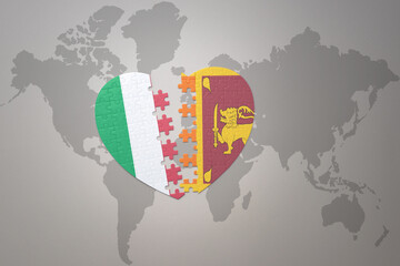 puzzle heart with the national flag of sri lanka and italy on a world map background. Concept.