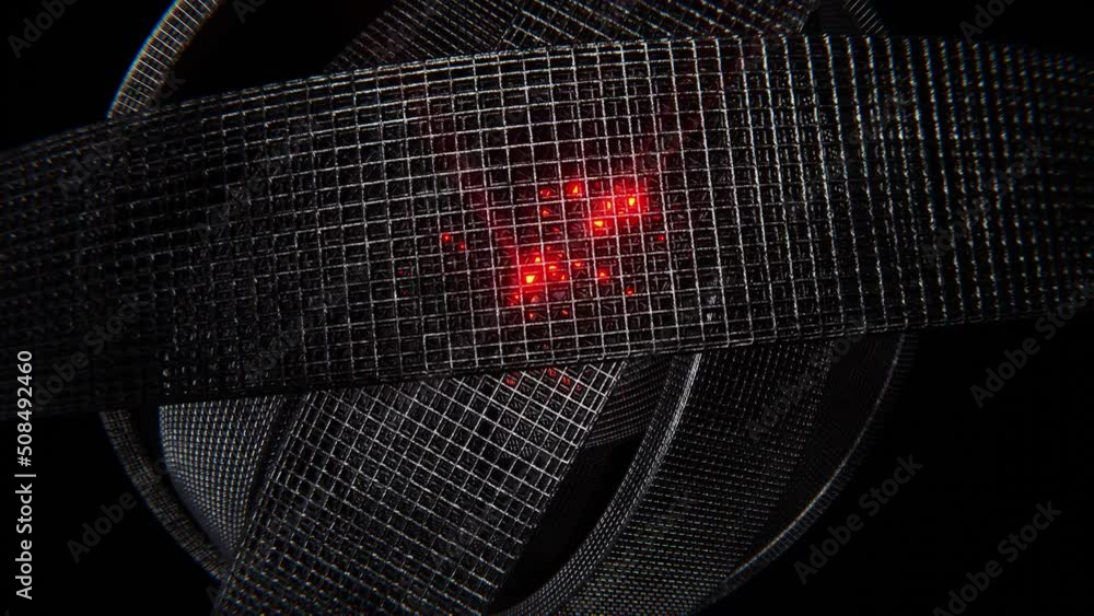 Aufkleber realistic abstract looping 3d animation of the grimy corroded wireframe metal rings rotating around 
