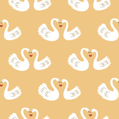 Seamless pattern two white swans in love. Colorful vector illustration hand drawn. Pair of birds symbolizing true light pure feelings. Wrapping, print or fabric texture