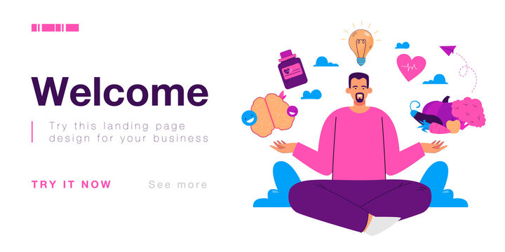 Male person with healthy body and mind meditating. Holistic healing, physical and mental health flat vector illustration. Healthy lifestyle, wellness concept for banner, website design or landing page