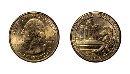 2019 quarter USA dollar coin on white background