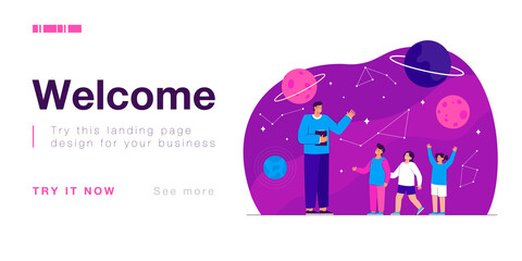Male teacher telling kids about solar system in observatory. School trip to planetarium flat vector illustration. Education, astronomy, space concept for banner, website design or landing web page