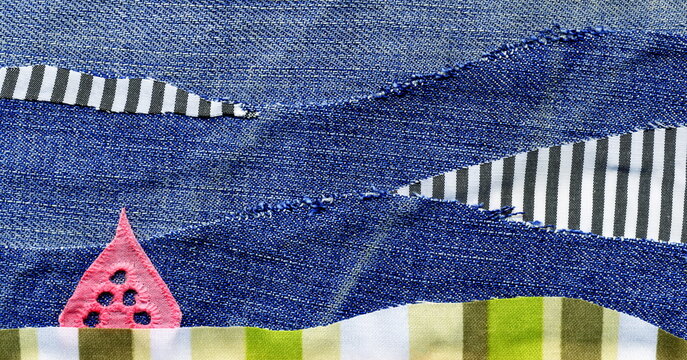 Fabric art applique Illustration. Patchwork forest landscape with trees, hills and sky. Original graphic illustration with jeans striped fabric flaps. Decorative landscape hand made recycled trash art