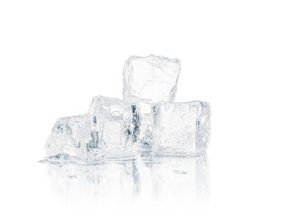 Obraz premium Natural crystal clear melting ice cubes isolated on white. Mirroring reflective surface background.