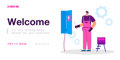 Electrician working with electric panel and switchboard in box. Industrial work of man with fuse and wire system flat vector illustration. Distribution of electricity, maintenance service concept