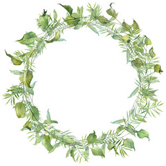Floral wreath made of detailed realistic painted plants. Watercolor hand painted illustrations. Frame design for wedding invitations and greeting card. Round template for card with copy space