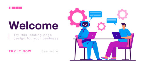 Human and humanoid robot team working together. Man and cyborg sitting with laptops in office workspace flat vector illustration. Artificial intelligence, workforce, futuristic technology concept