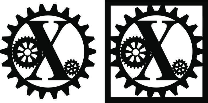 Latin Letter X With Gears. Steampunk Cut File On White Background. Card Making Design