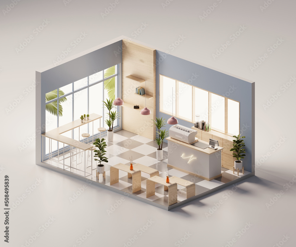 Poster isometric view minimal cafe store open inside interior architecture, 3d rendering digital art.