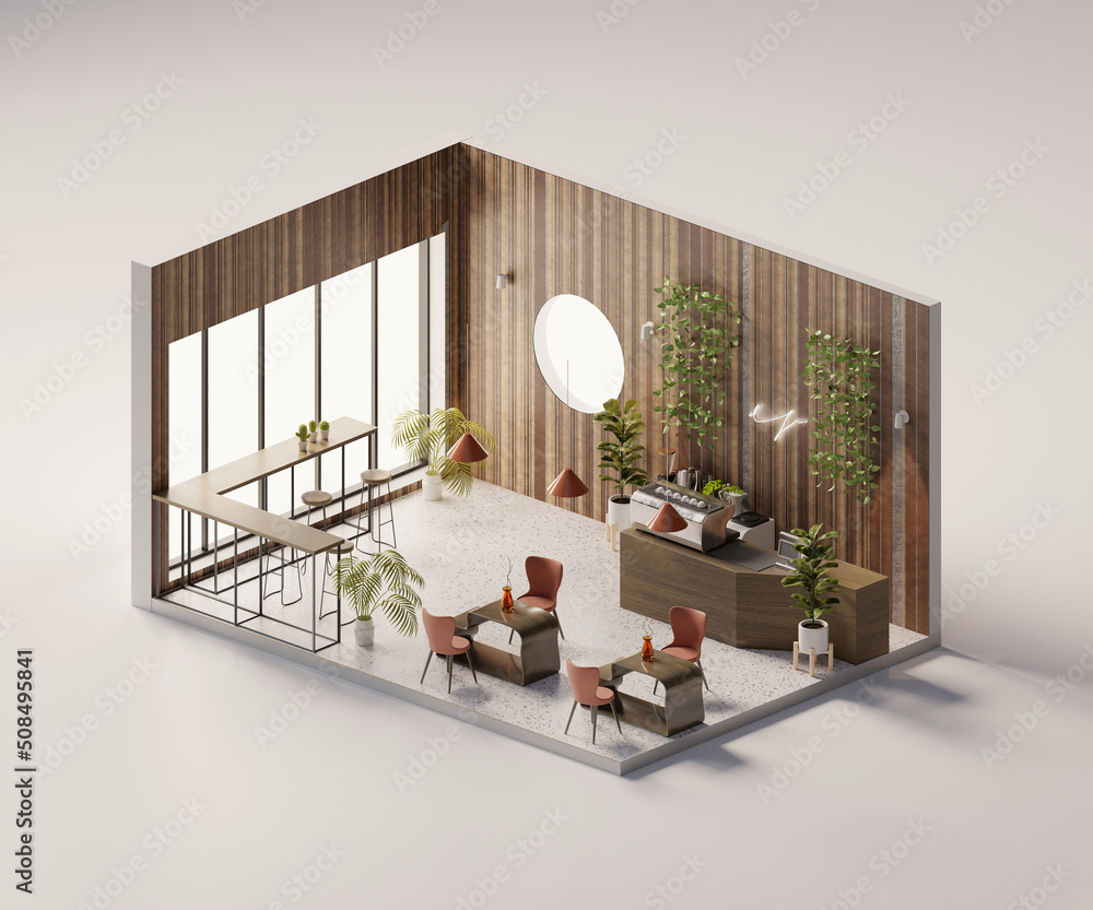Poster isometric view minimal cafe store open inside interior architecture, 3d rendering digital art.