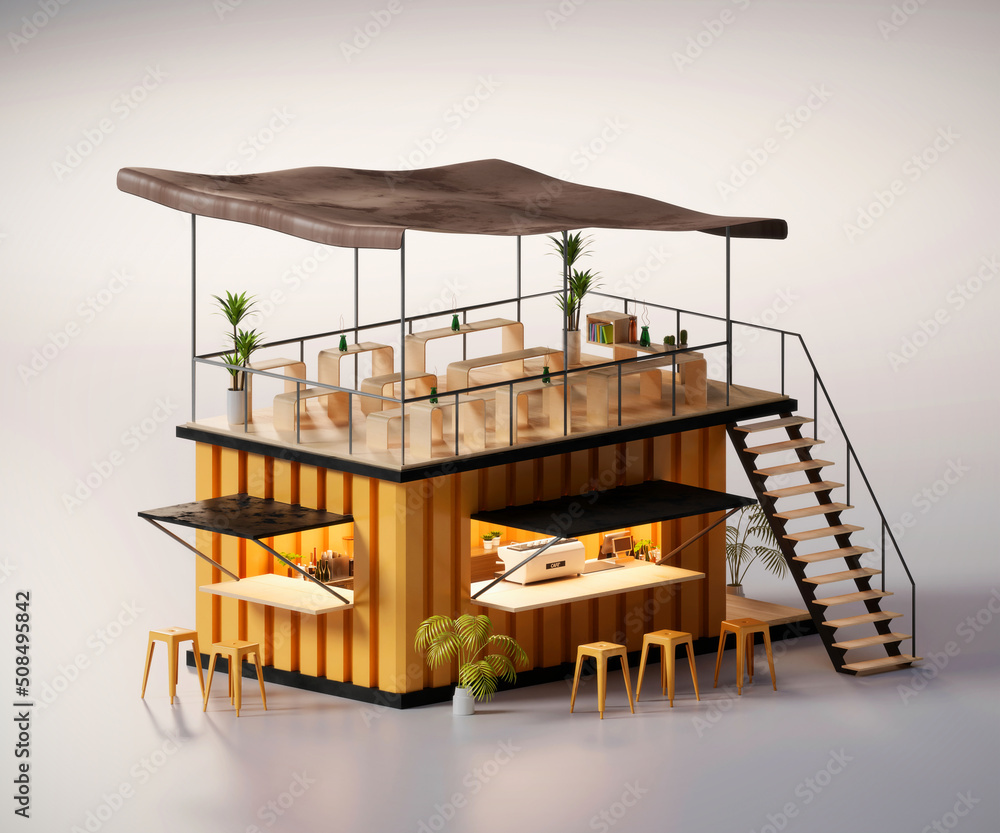 Aufkleber isometric view minimal cafe and restaurant container store exterior architecture, 3d rendering digit