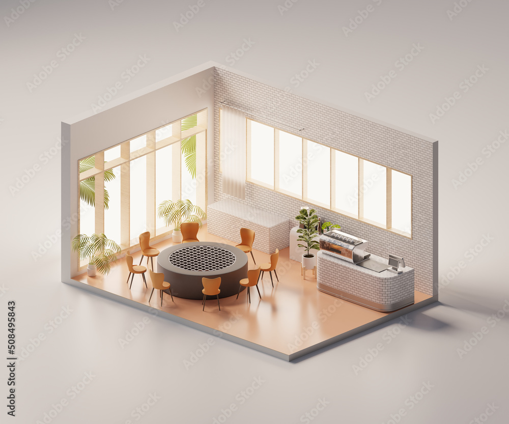 Poster isometric view minimal cafe store open inside interior architecture, 3d rendering digital art.
