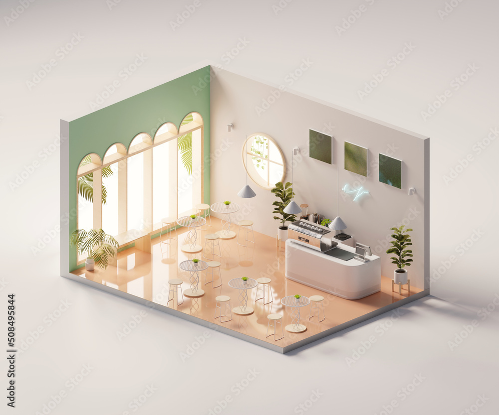 Poster isometric view minimal cafe store open inside interior architecture, 3d rendering digital art.