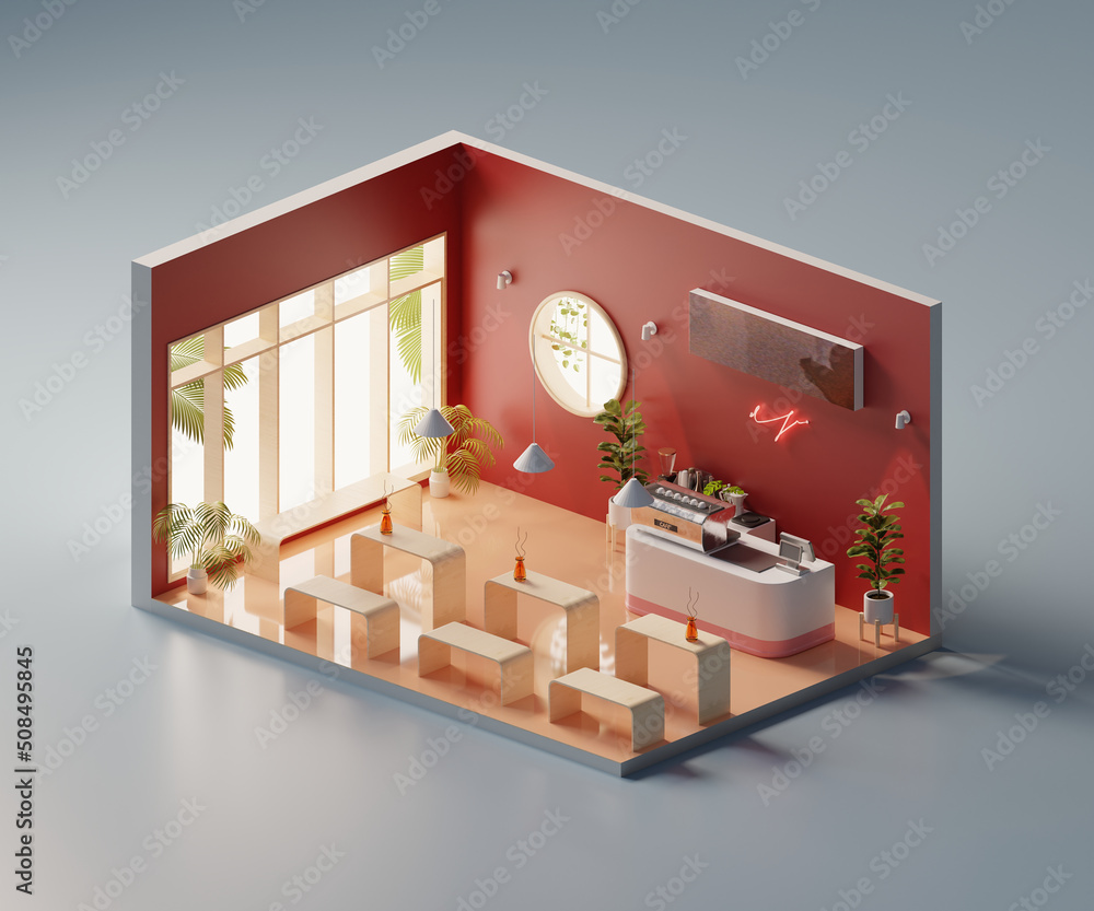 Poster isometric view minimal cafe store open inside interior architecture, 3d rendering digital art.