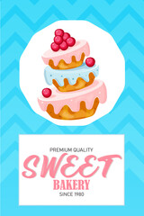 Bakery blue background. Colorful cake decorated with cherry