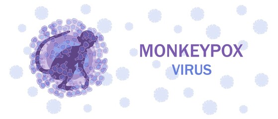 Cells of the monkeypox virus with a silhouette of a monkey inside on a microbiological background with text. Monkeypox virus. Virus disease concept. Vector. © Mallva