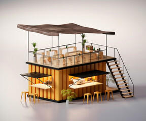 Isometric view minimal cafe and restaurant container store exterior architecture, 3d rendering digital art.