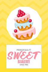 Bakery yellow background. Colorful cake decorated with cherry
